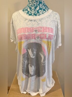 Recycle Karma Brand Graphic Band Burnout Tee with Pink & Yellow Print